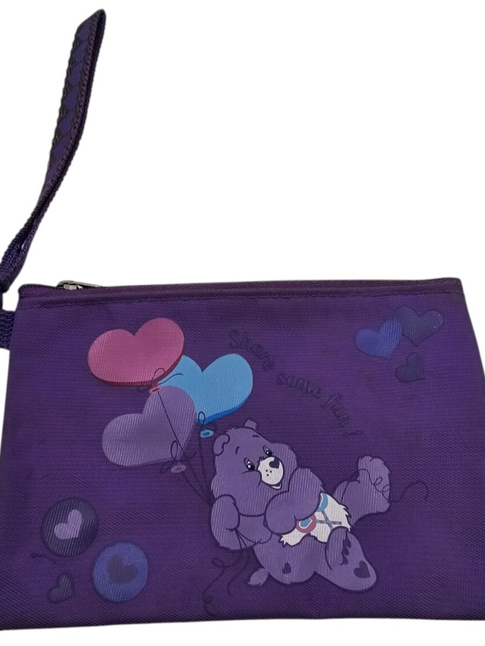 Graphics and More Care Bears purple canvas cosmetic pouch with a wrist strap